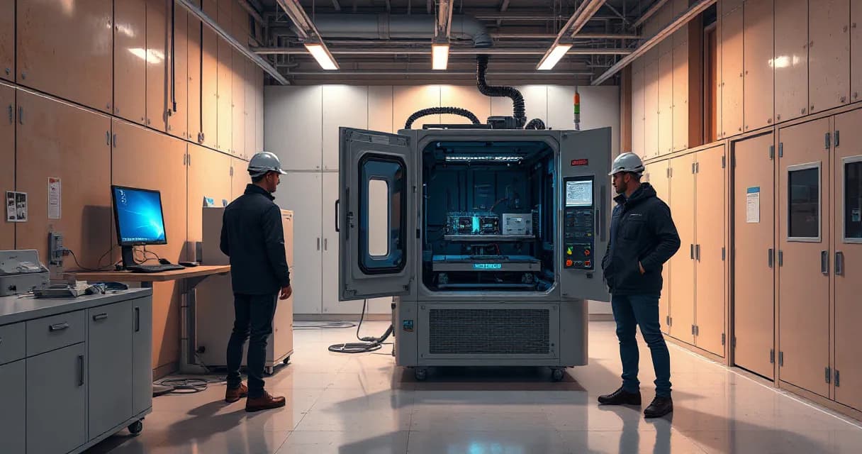 Two engineers in hard hats stand beside an open machine in an AI laboratory, testing an accelerator card while a cooling unit runs nearby. The environment features warm concrete walls and industrial lighting, emphasizing the technical nature of the scene.