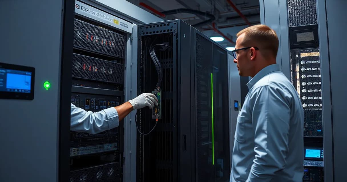 A technician installs an accelerator card into a server rack in a modern data center laboratory while an engineer tests the upgraded machine under realistic load. The scene is set with cool ambient light, warm practical accents, and a color palette of mineral white, deep ink, electric blue, and sign