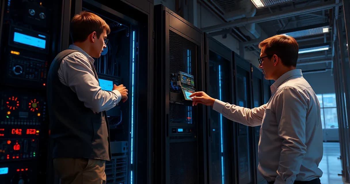 Two technicians in a data center laboratory; one is installing an accelerator card into a server rack while the other tests the upgraded machine under realistic load.