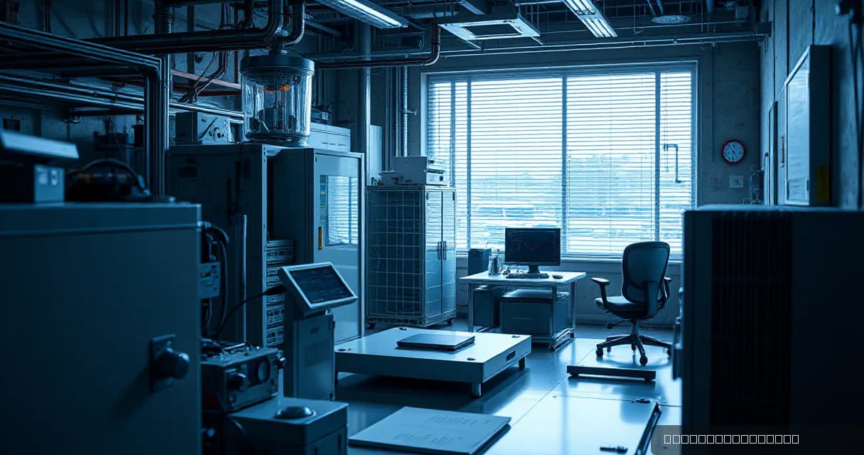An AI laboratory scene where two calibration mechanisms test an accelerator card in one open machine while a cooling unit runs beside it, symbolizing the convergence of digital elements into a unified process.