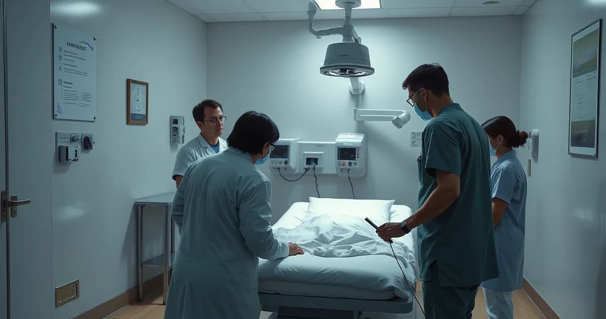 A clinical examination room where a doctor reviews a patient with a nurse while a technician calibrates an unmarked diagnostic camera beside the bed.