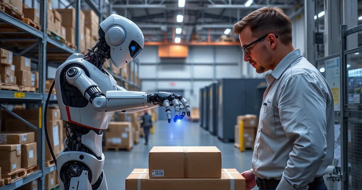 An autonomous warehouse robot sorts unmarked parcels through three physical checks while an operations technical observes the final verified handoff in a working warehouse environment.