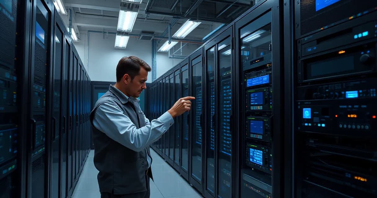 A technician installs an accelerator card into a server rack in a data center laboratory under cool ambient light with one warm practical accent at the action.