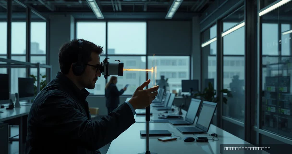 A person wearing headphones interacts with an optical instrument in a modern office setting, emitting a beam of light through layered glass to reveal new paths without any interface or diagram. The scene is set against soft overcast daylight with crisp local contrast on the subject, using a fog grey