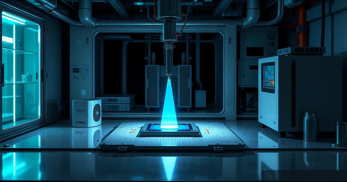 An AI laboratory scene where two calibration mechanisms test an accelerator card in a machine while a cooling unit runs beside it, under clean industrial lighting and a documentary style focusing on the silicon wafer meeting the ceramic module under sharp light.