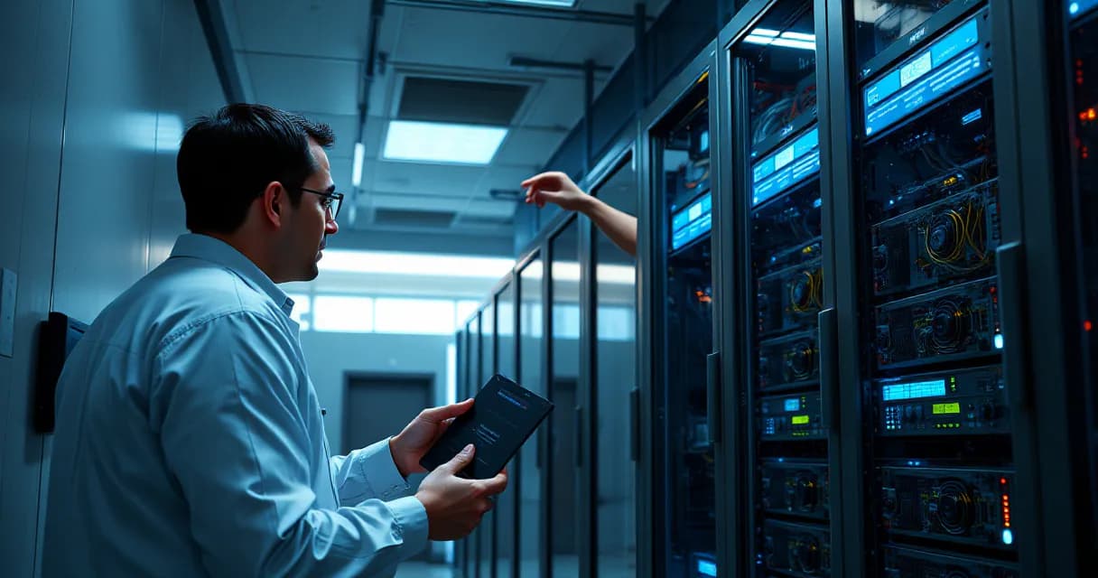A technician in a data center laboratory installs an accelerator card into a server rack while another engineer tests the upgraded system, demonstrating the process of fine-tuning AI models with advanced hardware.