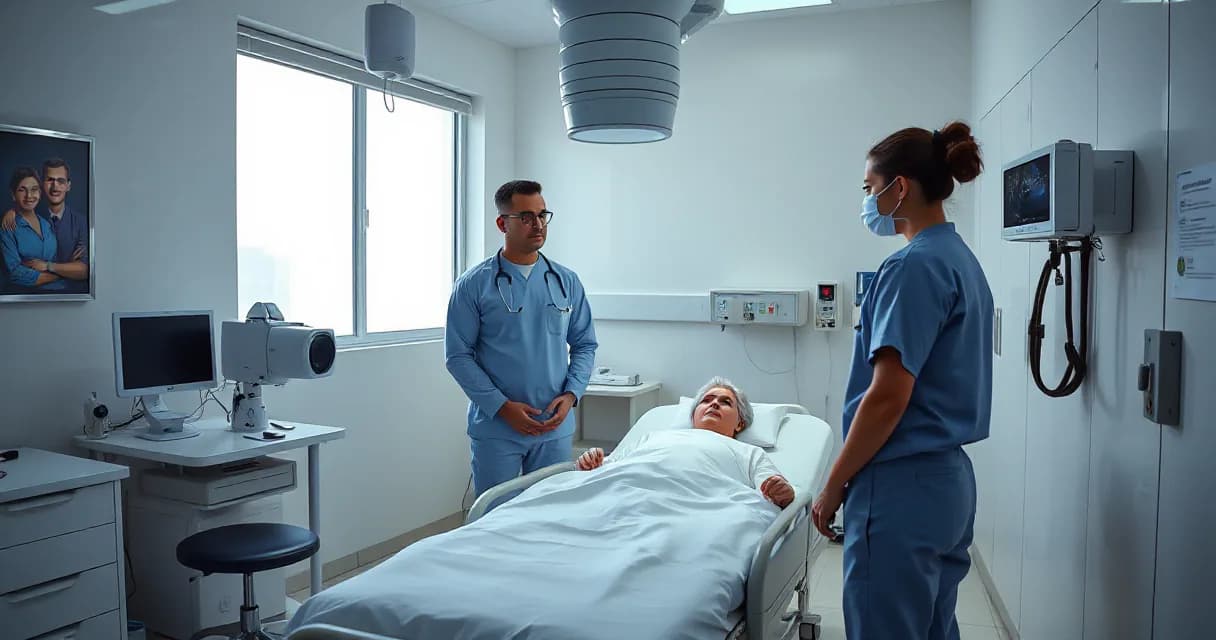 A clinical examination room where a doctor and nurse interact with medical equipment while a technician calibrates an unmarked diagnostic camera beside the bed. The scene is set in a modern, sterile environment with minimalistic design elements, emphasizing the use of artificial intelligence in heal