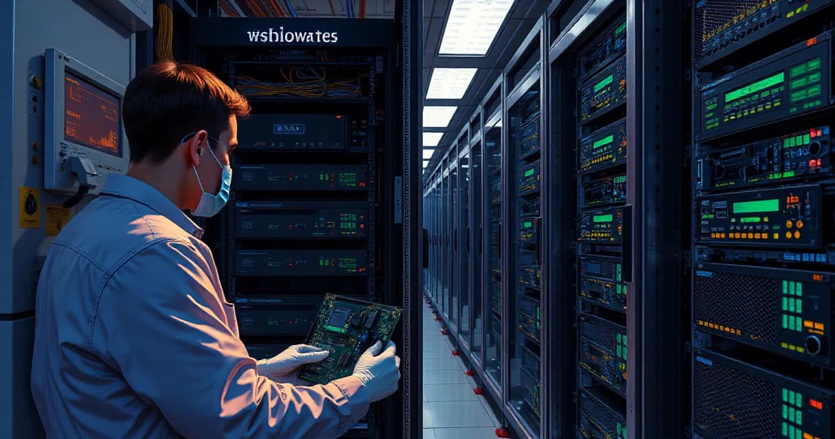 A technician in a data center laboratory installs an accelerator card into a server rack while another engineer tests the upgraded machine under realistic load.