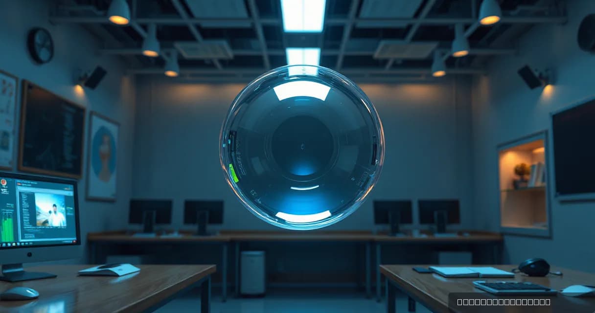 A futuristic classroom setting with a central focus on an optical instrument bending light through layered glass, symbolizing technological development.