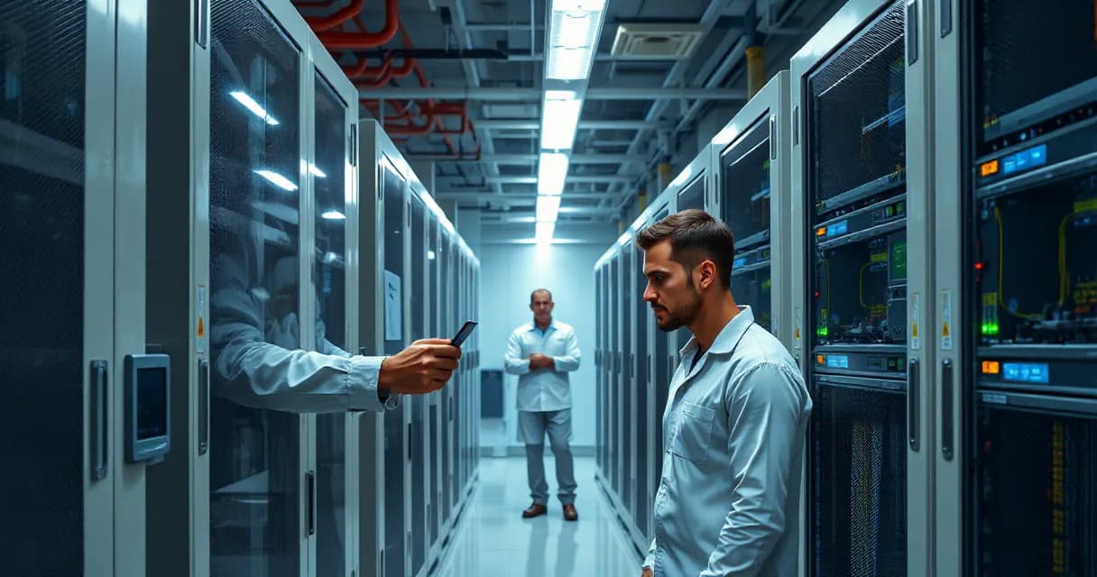 A technician in a data center laboratory installs an accelerator card into a server rack while another engineer tests the upgraded machine.