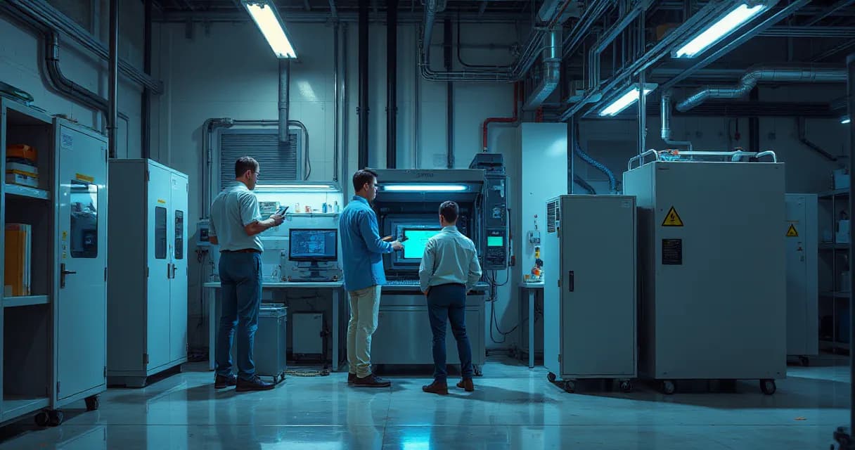 Two engineers are testing an accelerator card in an AI laboratory setting. One engineer operates the equipment while another observes nearby as a cooling unit runs beside them.