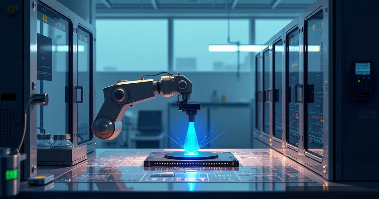 A robotic arm installs an accelerator card into a relay cabinet in a precision facility laboratory, symbolizing advanced AI technology and minimal resource usage for machine learning research. The scene uses a silicon-prism metaphor to represent the installation process under controlled lighting con