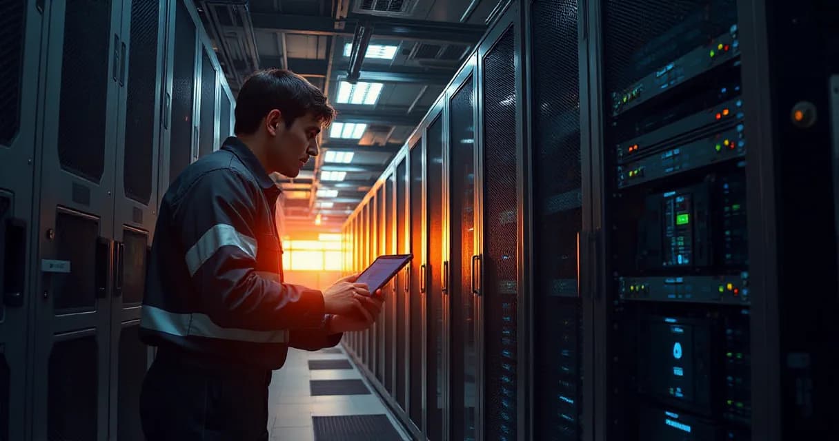 An engineer in a server room tests an updated machine while surrounded by active server racks, symbolizing advancements in artificial intelligence technology.