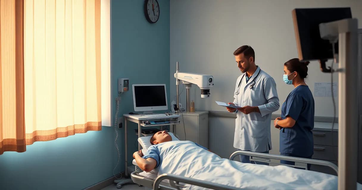 A clinical examination room where a doctor reviews a patient with a nurse while a technician calibrates an unmarked diagnostic camera beside the bed. The scene is set in a realistic environment, and the action is clear and tied to the reported event of AI integration into medical practice.