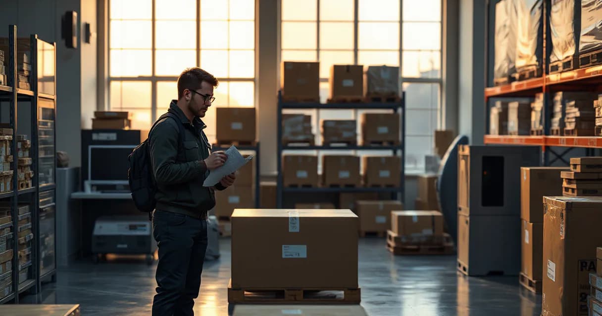 Two anonymous procurement managers inspect incoming unmarked parcels in a warehouse operations office under late-afternoon light with warm-cool split tones, emphasizing the inspection process through their physical actions and the surrounding environment.