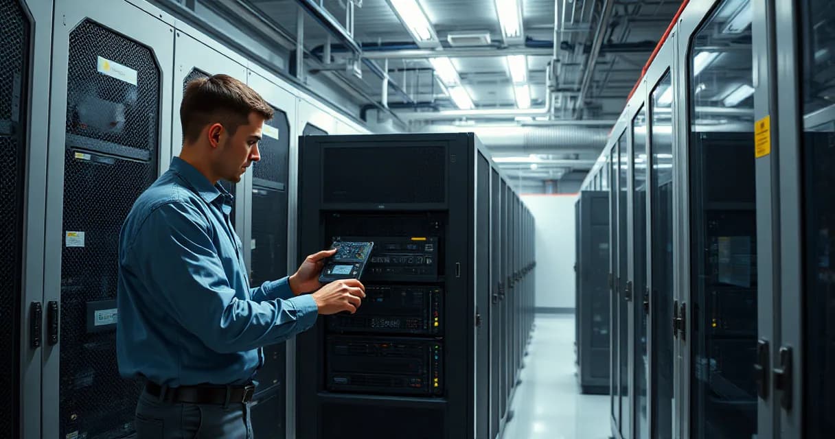 A technician in a data center laboratory installs an accelerator card into a server rack while another engineer tests the upgraded machine under realistic load.