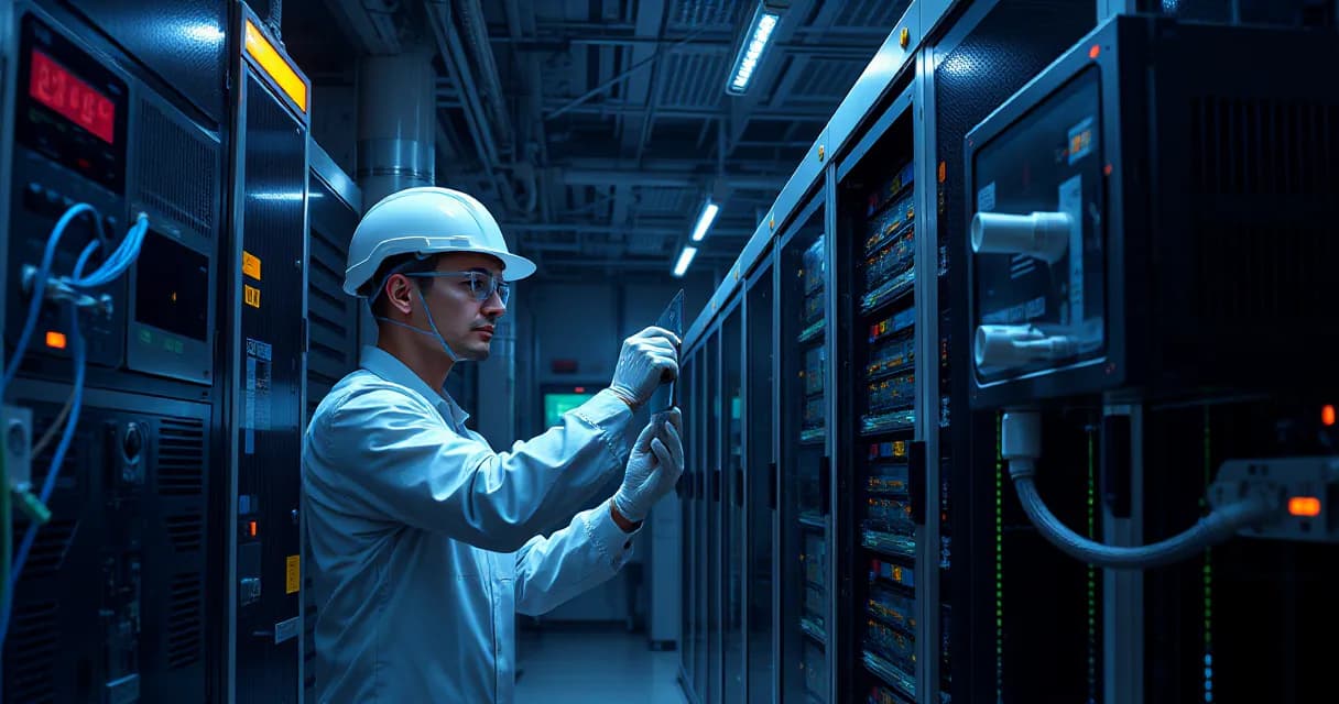 A technician in a hard hat and lab coat installs an accelerator card into a server rack within a dimly lit data center laboratory, symbolizing AI software development and technological advancement.