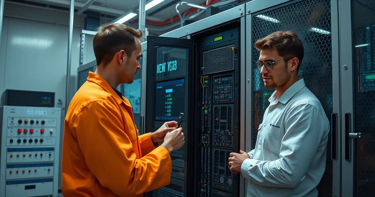 Two individuals in a data center laboratory; one installs an accelerator card into a server rack while the other tests the upgraded machine under realistic load.