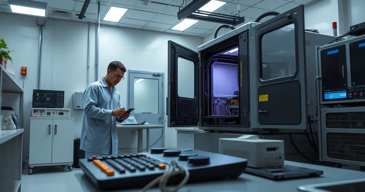 In an AI laboratory, two engineers test one accelerator card in an open machine while a cooling unit runs beside the active test bench. The scene is set with clear foreground action and environmental depth, using mineral white, deep ink, electric blue, and restrained signal-lime palette.