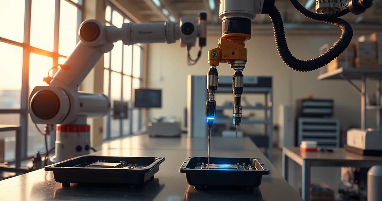 A robotic arm sorts components into trays while a mechanical service arm tests its camera-guided grip in a well-lit robotics lab with natural directional daylight.