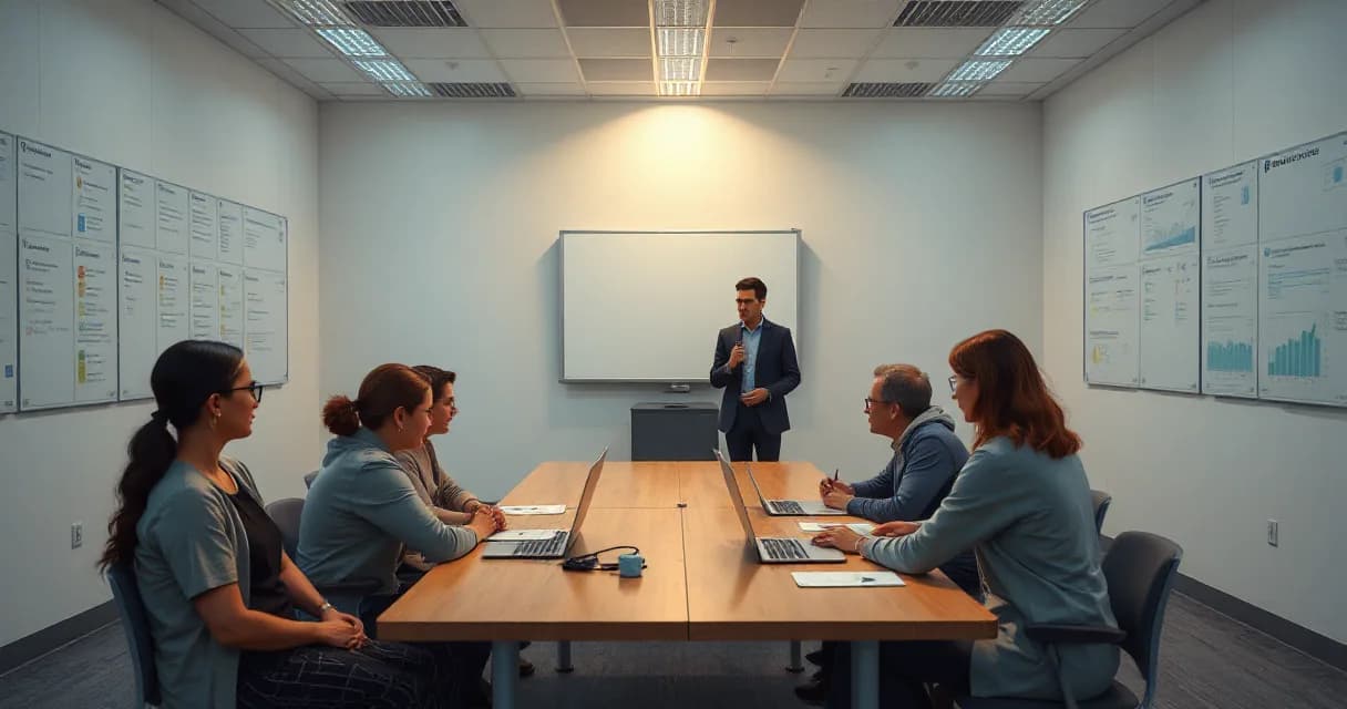 A group of adults is seated around a wooden table in a training room, attentively observing as another adult stands at the front, demonstrating a task using a laptop. The setting includes whiteboards with diagrams and text on the walls, suggesting an educational or professional development context r