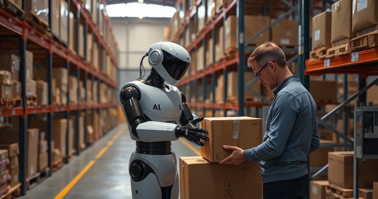 An autonomous warehouse robot labeled 'AI' sorts unmarked parcels under observation by an operations technician in a well-lit warehouse with shelves filled with boxes. The scene is captured from an elevated documentary perspective, emphasizing the interaction between human and machine.