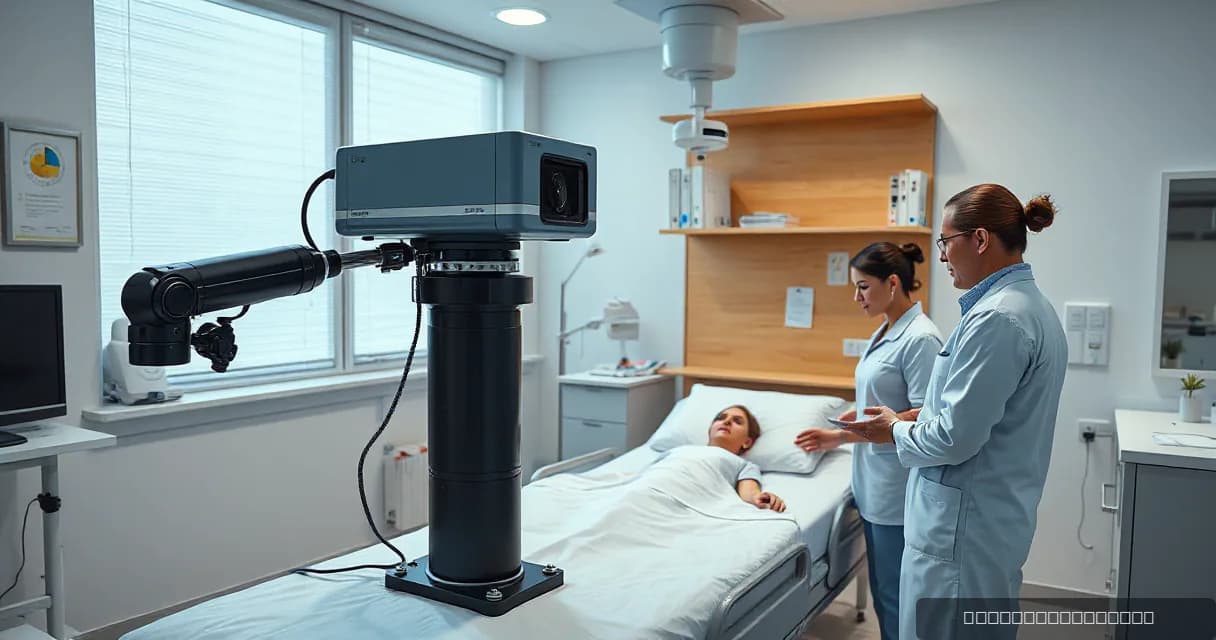 A clinical examination room where two medical professionals are interacting with a patient lying in bed while a mechanical service arm calibrates an unmarked diagnostic camera beside them. The setting is modern and professional, emphasizing the integration of advanced technology into healthcare serv