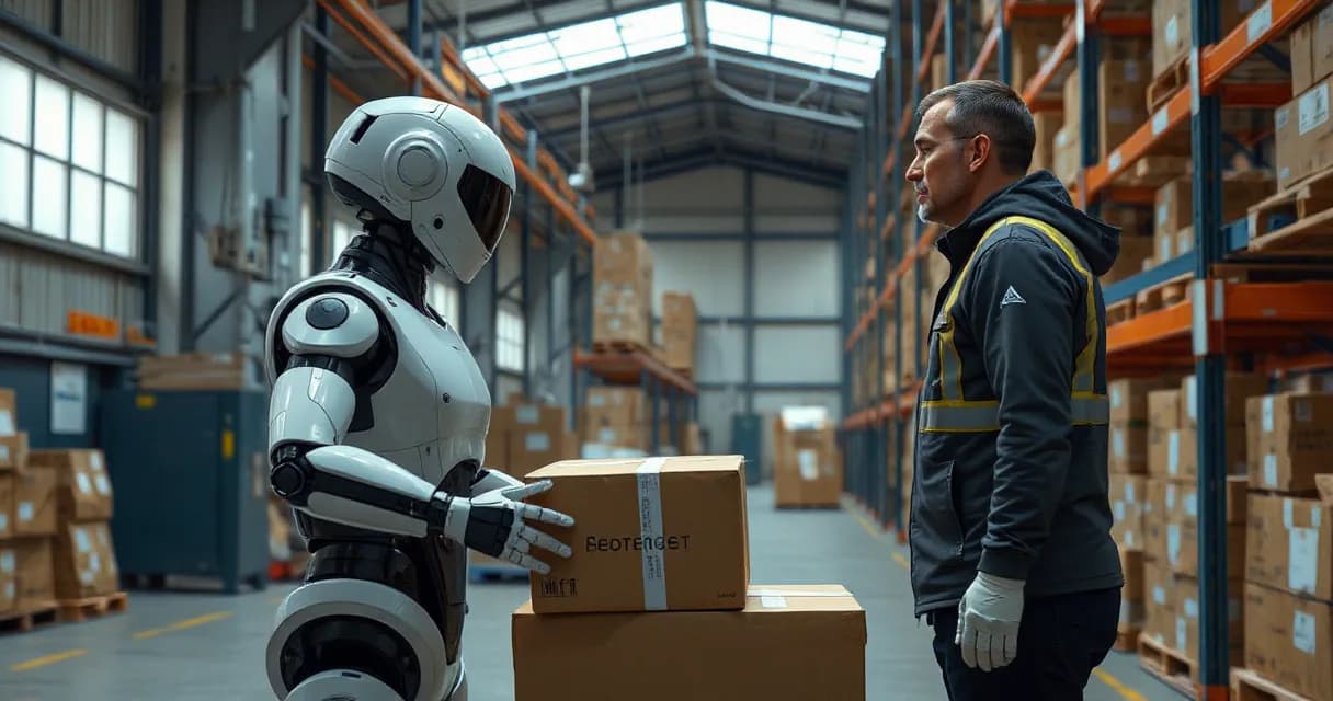 An autonomous warehouse robot sorts unmarked parcels under supervision by an operations technician in a modern warehouse setting.