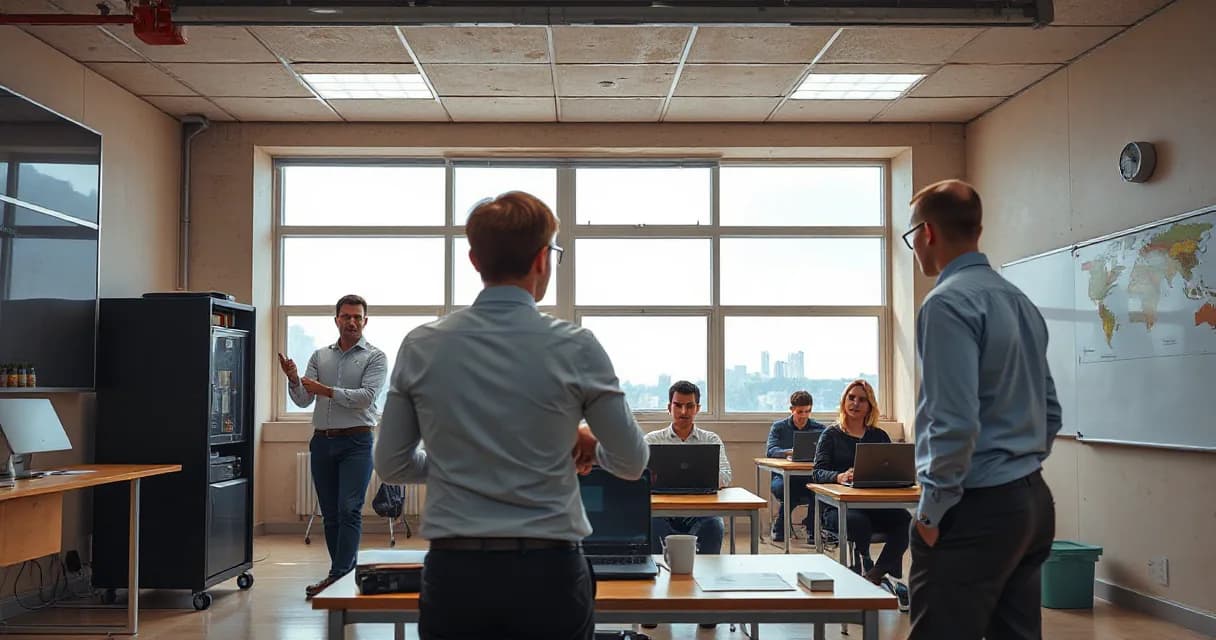 A classroom scene where an adult trainee is being coached by a teacher using AI technology, symbolizing the integration of digital tools into educational practices.