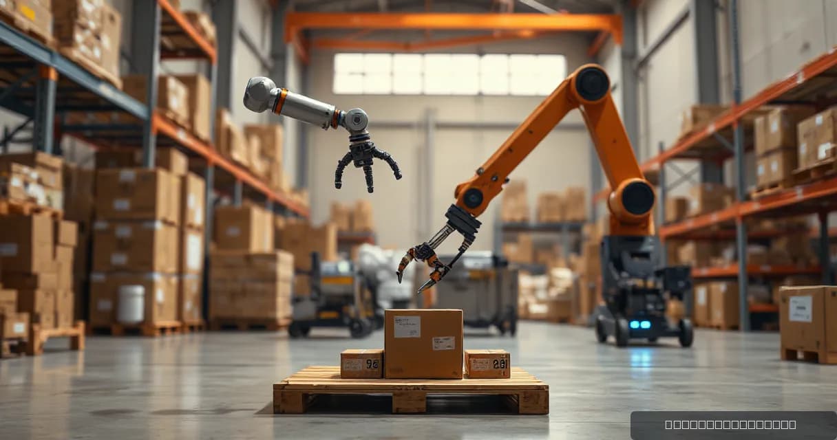 An autonomous warehouse robot sorts unmarked parcels through three physical checks while an operations mechanical service arm observes the final verified handoff in a working warehouse setting.