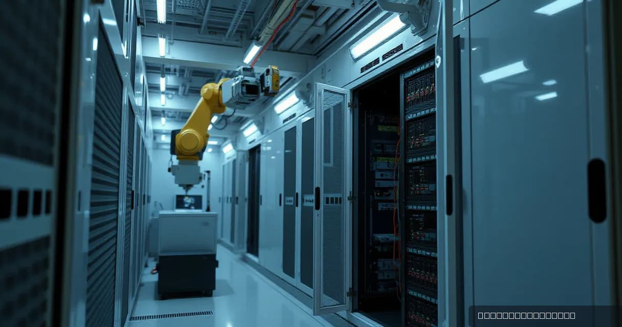 A mechanical service arm replaces a server unit in an AI software development facility while calibration mechanisms test the updated machine, with relay cabinets remaining active in the background.