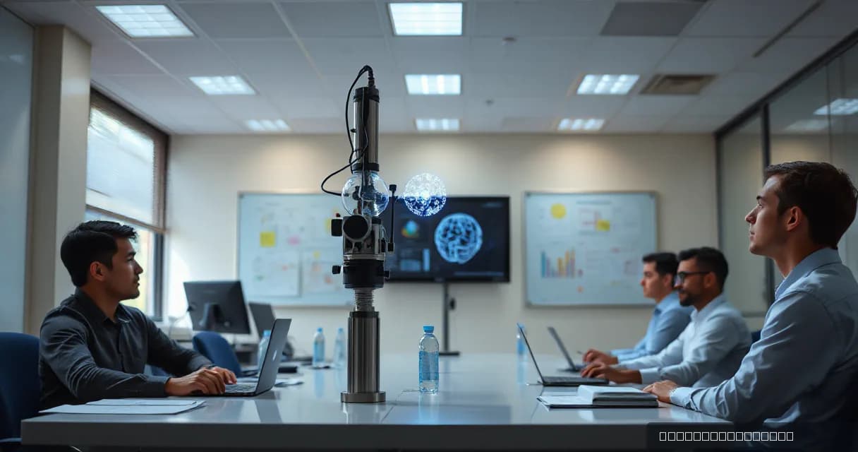 A group of adult trainees in a quiet classroom observe an advanced optical research setup, symbolizing the exploration of new paths through open knowledge and data exchange. The scene is set using modern colors and a contemporary art direction to align with the theme of AI software or technology dev