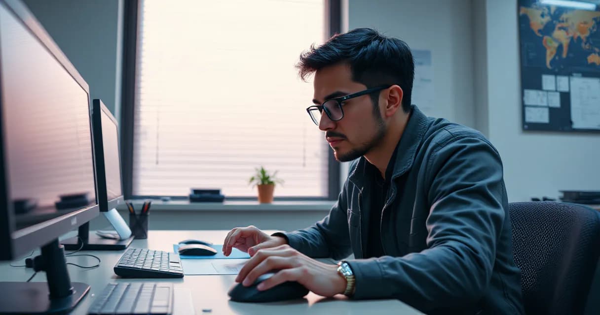 A person wearing glasses is seated at a desk in an office setting, interacting with two computer monitors using a mouse. The environment includes soft natural light filtering through blinds, a small potted plant on the windowsill, and a world map on the wall behind them.