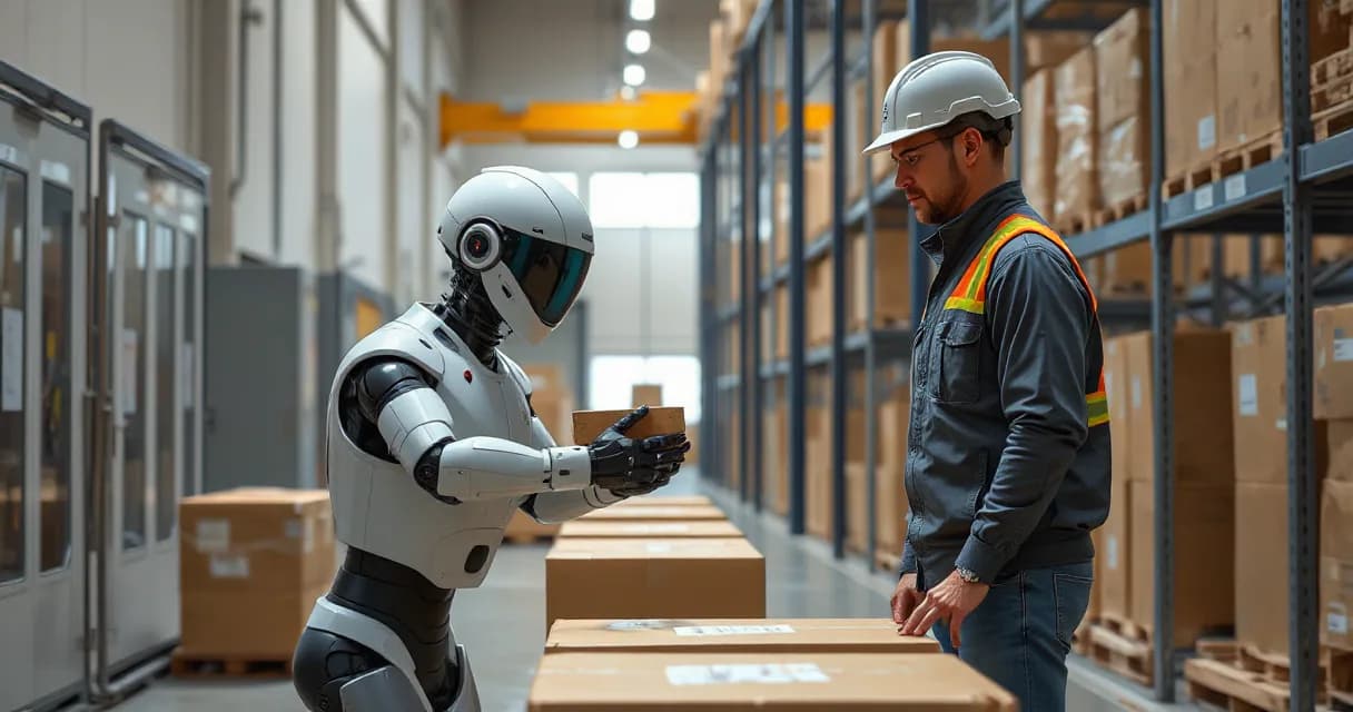 An autonomous warehouse robot hands over a parcel to an operations technician in a modern industrial warehouse setting.