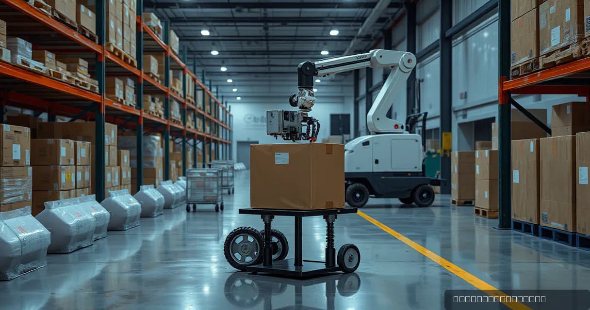 A mobile warehouse robot collects, scans, and delivers an unmarked parcel in a real warehouse setting while a mechanical arm observes the completed multi-step task.