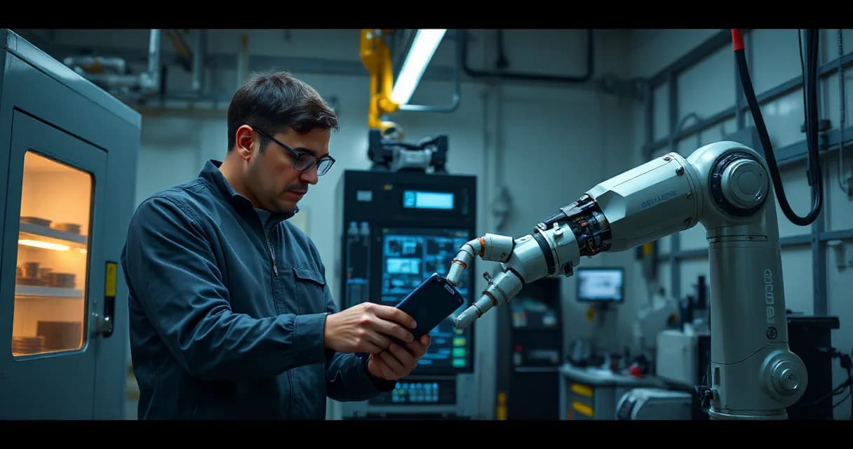 An engineer in a laboratory setting interacts with an advanced robotic arm while holding a smartphone, symbolizing AI software development and testing.