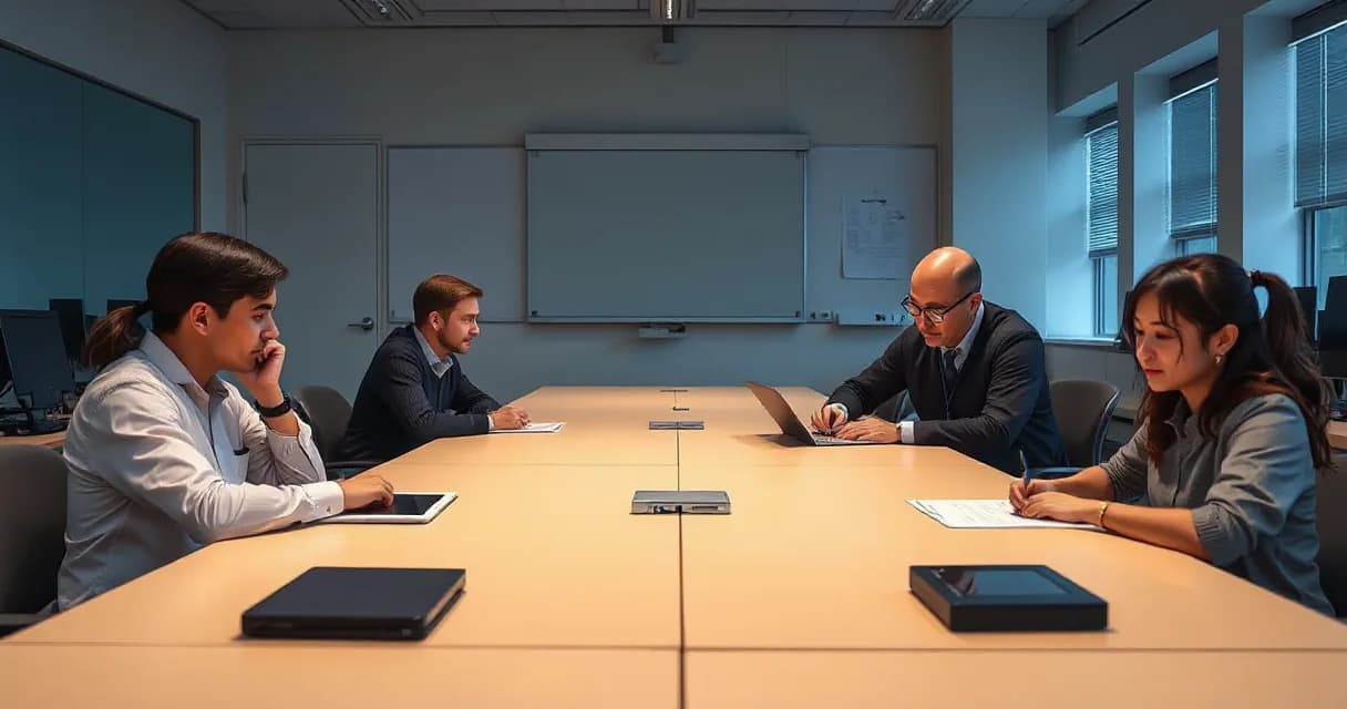 A group of adults are engaged in an AI training session at a conference table. One person actively uses a laptop while others take notes or observe. The setting is a quiet classroom with whiteboards and windows in the background, emphasizing the educational context.