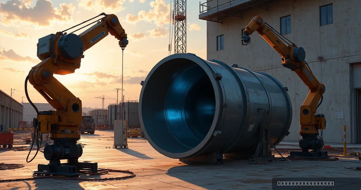Two mechanical service arms install a large cooling duct at a precision facility construction site under late-afternoon lighting with warm concrete tones and a cool electric-blue accent, symbolizing advanced AI technology in professional use.