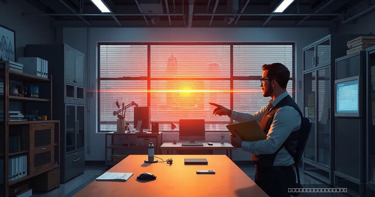 A manager observes as a coach guides an AI support mechanism through a practical task, symbolizing the development and implementation of artificial intelligence technology. A warm light beam through translucent glass represents the path of innovation in AI infrastructure.