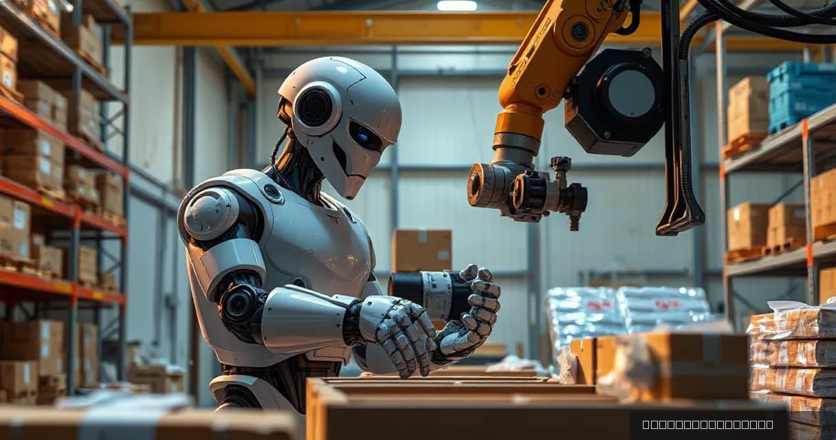 An autonomous warehouse robot sorts unmarked parcels through three physical checks while an operations mechanical service arm observes the final verified handoff in a working warehouse environment.