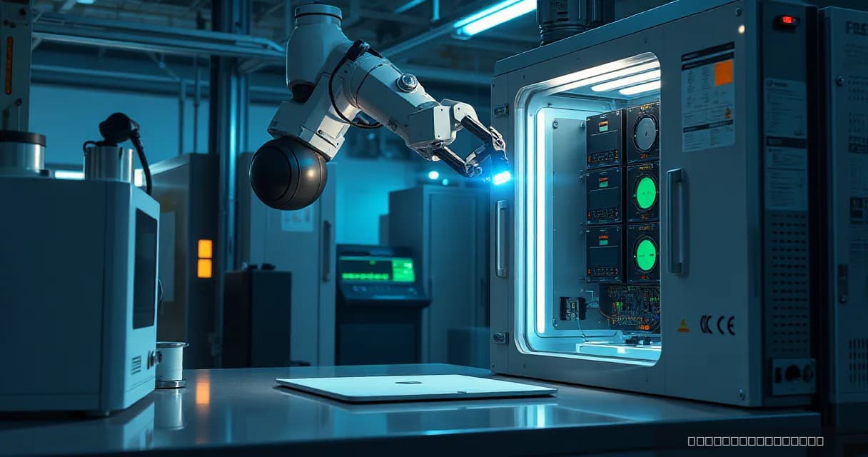 A robotic arm installs an accelerator card into a relay cabinet in a precision facility laboratory under cool ambient lighting and a low three-quarter view.