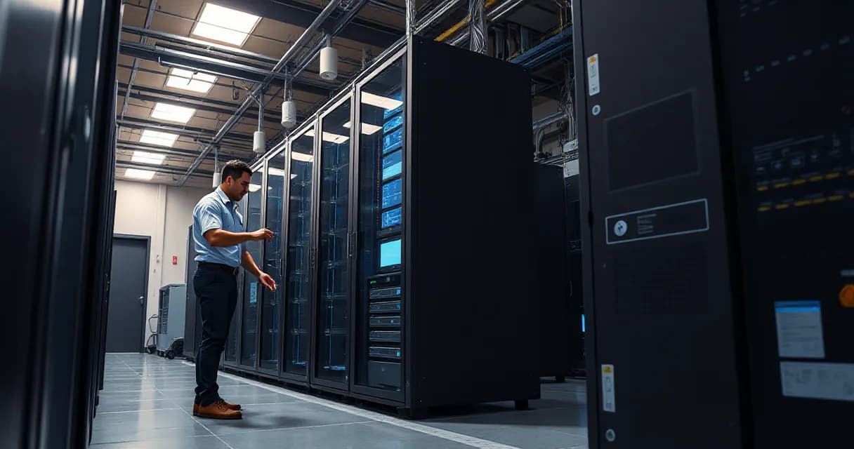 A technician works within a data center, focusing on server maintenance amidst an active server rack environment.