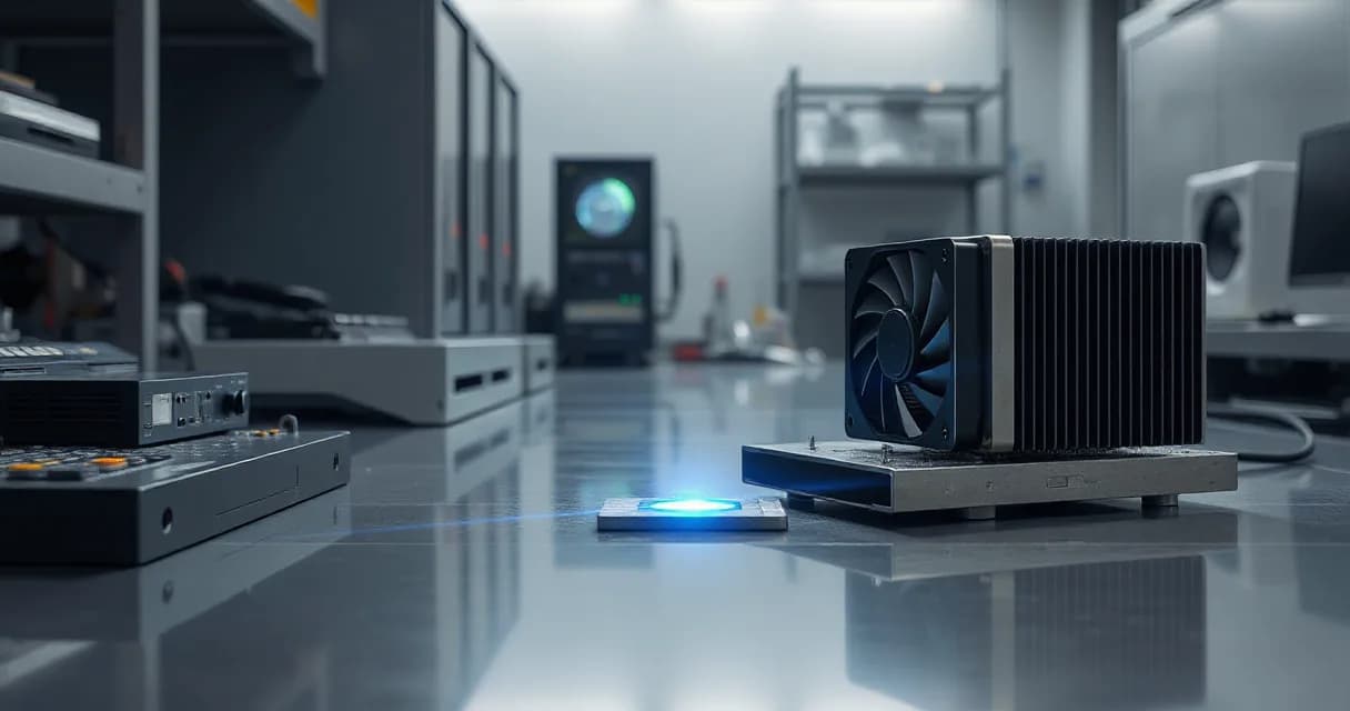 A hardware laboratory scene where an accelerator card is being replaced and calibrated with a focus on its cooling unit. A silicon wafer meets a ceramic module under a prism of light, symbolizing standardization in project 🤗 Kernels.