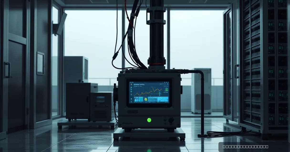 A technical instrument in a dimly lit room with fiber optics connecting to it, symbolizing artificial-intelligence software development. The screen displays data, indicating successful integration or learning cycle completion.