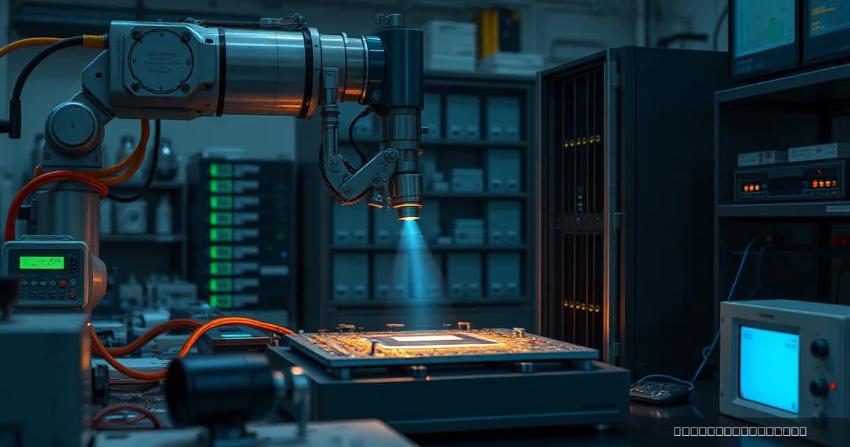 A mechanical service arm installs an accelerator card into a relay cabinet in a precision facility laboratory while a calibration mechanism tests the upgraded machine under realistic load.