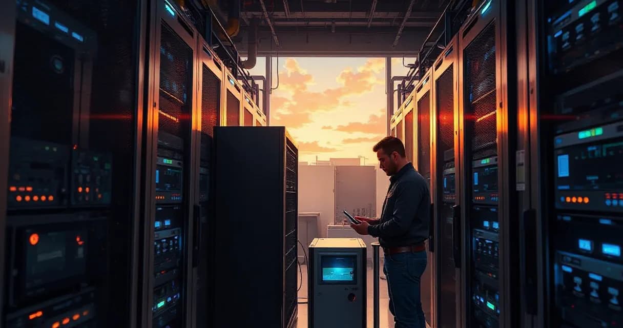 A technician works in a data center filled with server racks under warm concrete tones, symbolizing global technology adaptation to local contexts.