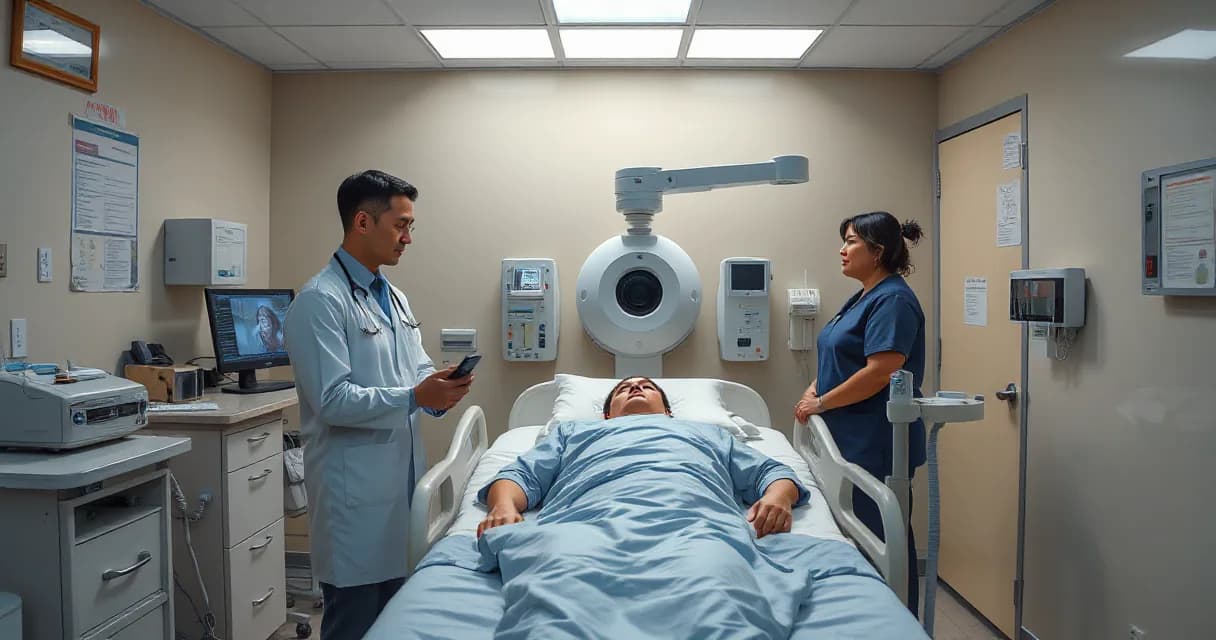 A doctor in a lab coat reviews a patient lying on a hospital bed while a nurse stands nearby. A technician calibrates an unmarked diagnostic camera beside the bed, symbolizing the use of AI technology in clinical settings to support medical professionals.