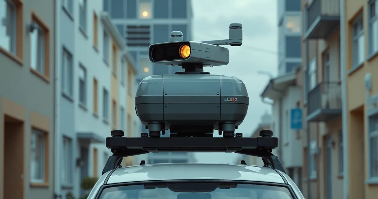 A mapping vehicle equipped with sophisticated camera technology is shown from a high angle against a backdrop of urban buildings, emphasizing the use of artificial intelligence for environmental monitoring.