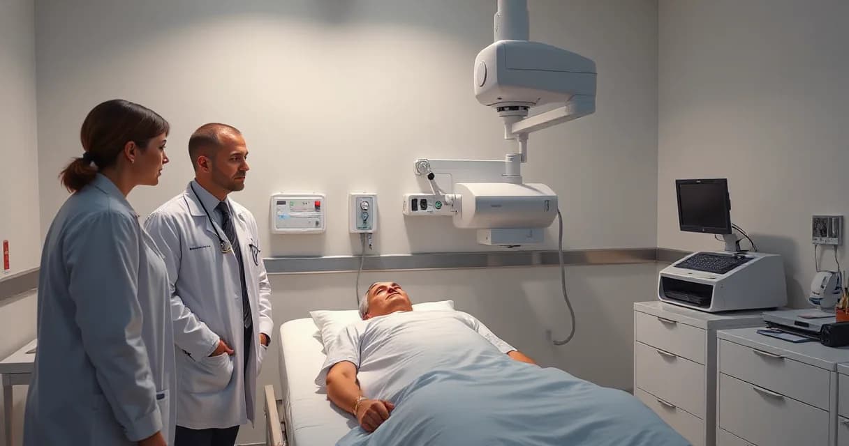 Two medical professionals stand beside a patient lying on a bed in a clinical examination room, while a technician calibrates an unmarked diagnostic camera nearby. The scene highlights the integration of artificial intelligence technology in healthcare settings.