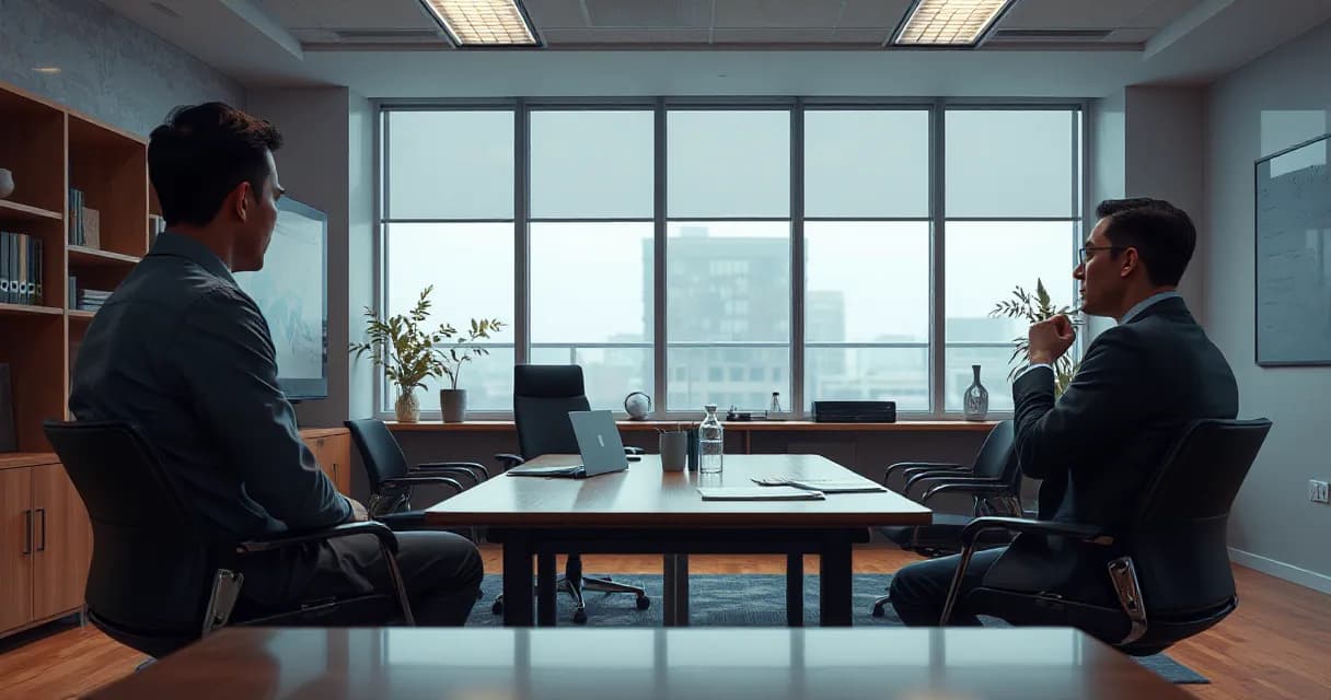 Two individuals in a quiet office training room, one rehearsing a tense meeting while the other observes and prepares for the next scenario. The setting features soft silver tones, midnight navy accents, and cool mint details.